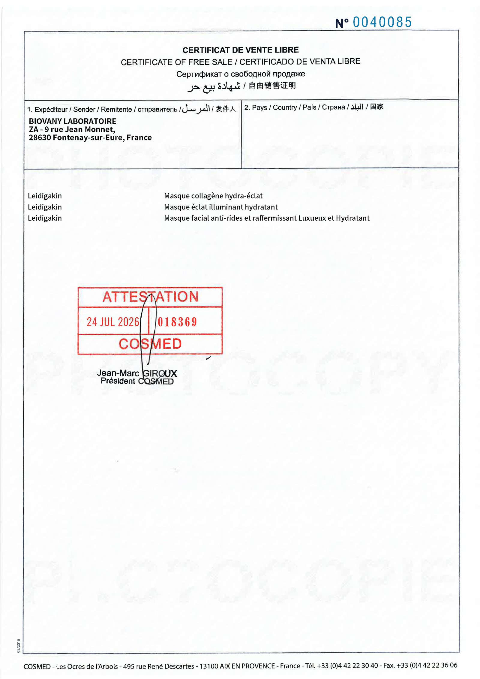 Certificat de Vente Libre